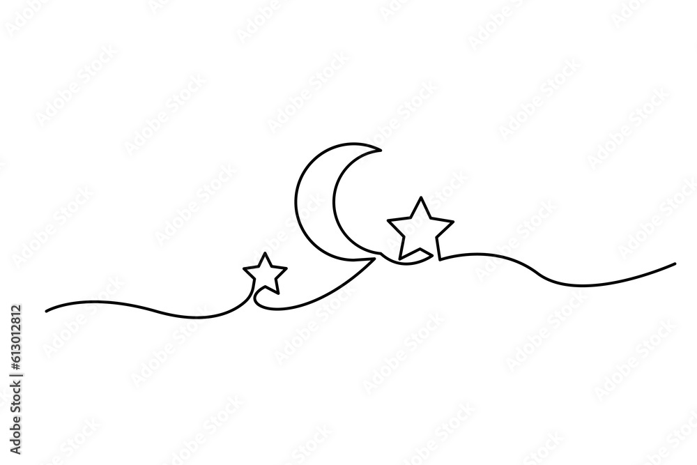 Poster one continuous single line of crescent moon. vector illustration. stock image.