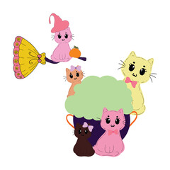 halloween cute cartoon cat charactor hand drawn with pink purple color