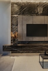 Modern living room interior design contemporary, with natural tones on the room, walls, floor and ceiling. 3d rendering illustration