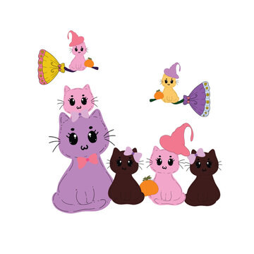 halloween cute cartoon cat charactor hand drawn with pink purple color