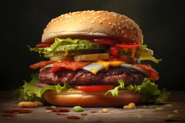 Tasty large Cheeseburger, with lettuce, tomatoes, cheese, pickle, radish and sauce, served in a seeded bun. Closely photographed. Generated Ai