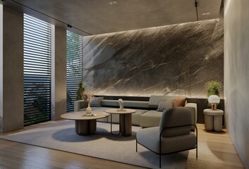 Modern living room interior design contemporary, with natural tones on the room, walls, floor and ceiling. 3d rendering illustration