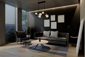 Modern living room interior design contemporary, with natural tones on the room, walls, floor and ceiling. 3d rendering illustration