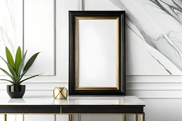 Empty black photo frame mockup in the white table and tropical plant with gold interior isolated on white luxury marble wall