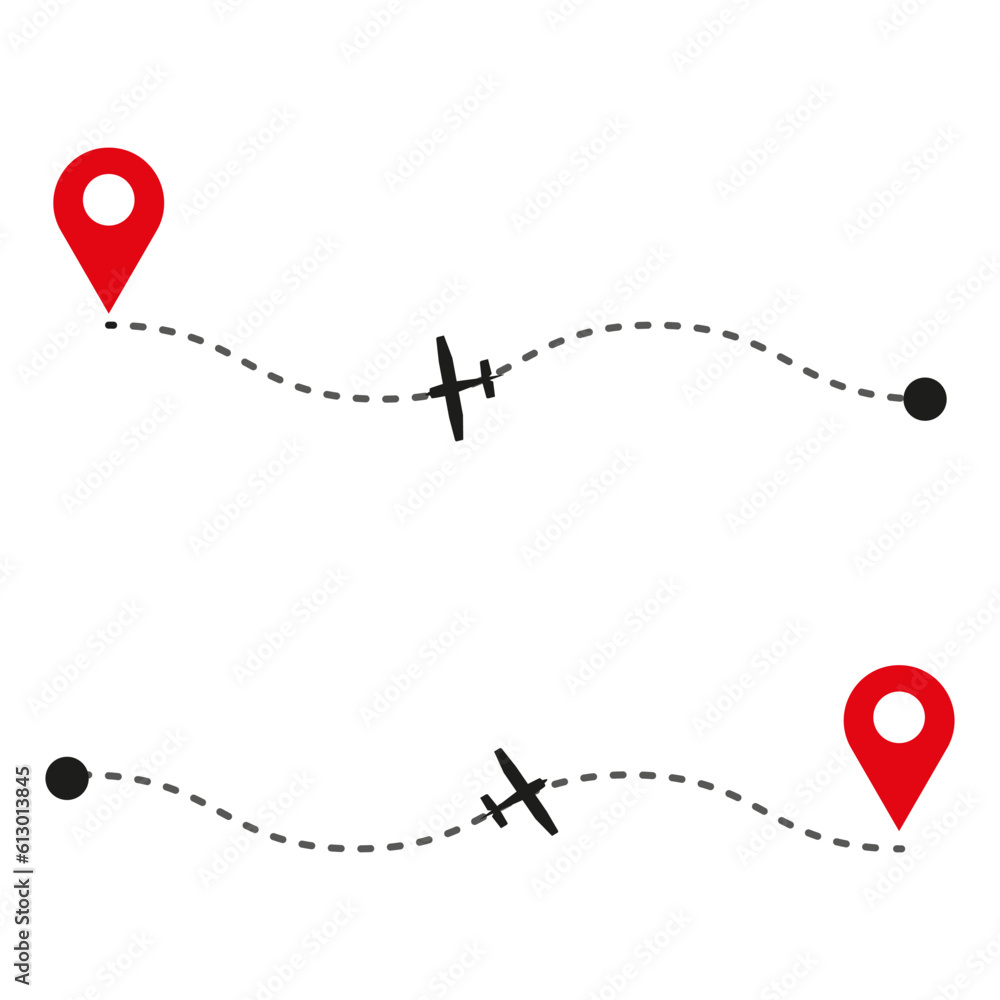 Poster plane path with location pins. path to location by plane, tourism way, route flight. vector illustra