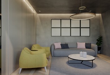 Modern living room interior design contemporary, with natural tones on the room, walls, floor and ceiling. 3d rendering illustration