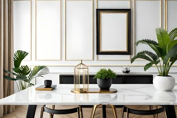 Black photo frame mockup with tropical plant and luxury interior isolated on premium luxury wall