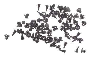 Fastener plastic clip fly explosion, black automobile fastener clip float explode, abstract cloud fly. automobile plastic fastener clip splash throwing in Air. White background Isolated