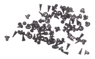 Fastener plastic clip fly explosion, black automobile fastener clip float explode, abstract cloud fly. automobile plastic fastener clip splash throwing in Air. White background Isolated