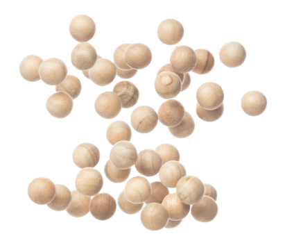 Wooden mini ball fly explosion, Sphere mini balls float explode, abstract cloud fly. Wooden mini sphere balls splash throwing in Air. White background Isolated