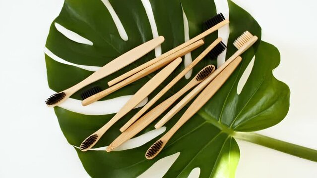 Eco-friendly biodegradable Bamboo toothbrush. No plastic. Conscious minimalism Vegan lifestyle. Reuse reduction concept. High quality 4k footage