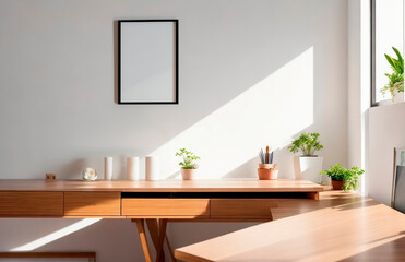 Beautiful minimalist desk with plants as decoration, daylight, nature in the office.
