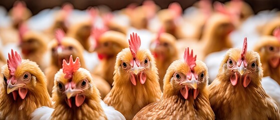 Chickens waiting to be fed up, they are looking at the camera. Generative AI