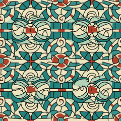 Fototapeta premium Traditional Talavera ornamental pattern. Seamless abstract pattern from tiles. Azulejos tiles patchwork. Portuguese and Spain decor. Mediterranean porcelain pottery.