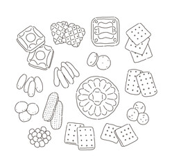 Hand drawn illustration of various shaped cookies as desserts sold in cafes and bakeries.