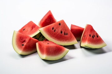 Triangular cuts of fresh Watermelon bunched together on a white background and closely photographed. Generated Ai