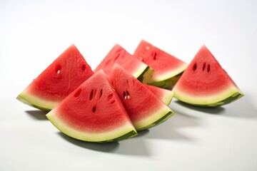 Triangular cuts of fresh Watermelon bunched together on a white background and closely photographed. Generated Ai