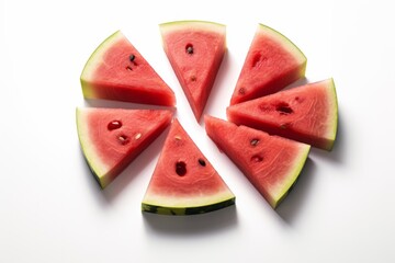 Triangular cuts of fresh Watermelon bunched together on a white background and closely photographed. Generated Ai