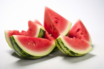 Triangular cuts of fresh Watermelon bunched together on a white background and closely photographed. Generated Ai
