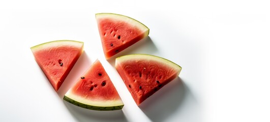 Triangular cuts of fresh Watermelon bunched together on a white background and closely photographed. Room for copy. Generated Ai