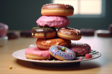 Stacked doughnuts with a variety of toppings, served on a plate and closely photographed. Generated Ai