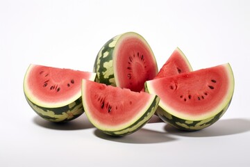 Triangular cuts of fresh Watermelon bunched together on a white background and closely photographed. Generated Ai