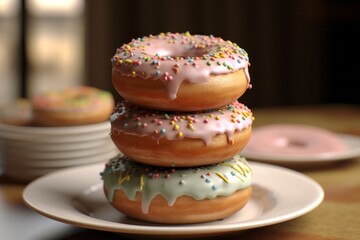 Stacked doughnuts with a variety of toppings, served on a plate and closely photographed. Generated Ai