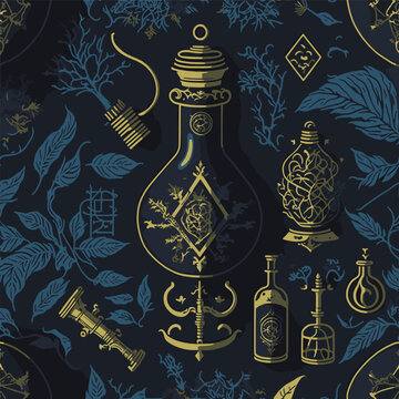 Alchemy seamless pattern. Abstract background with hand-drawn sketches, ancient alchemical symbols. Mystical esoteric background for design of fabric, packaging, astrology, phone case, wrapping paper
