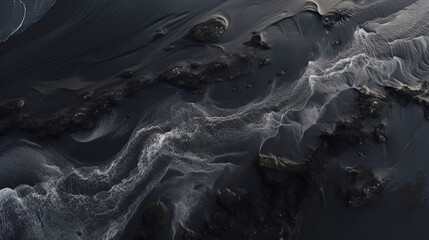 Obraz na płótnie Canvas Overhead View of the Moody Black Sand Beaches of Ireland, Epic Waves Crashing on the Shoreline - Black and White Aesthetic - Generative AI