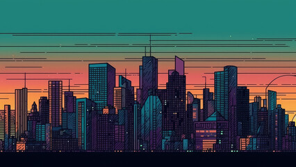Downtown cityscape with purple night view, comic halftone retro design. Summer design. Generative AI