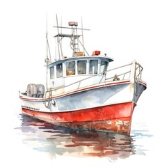 Fototapeta premium Fishing boat with red and white color on a white background. Generative AI.