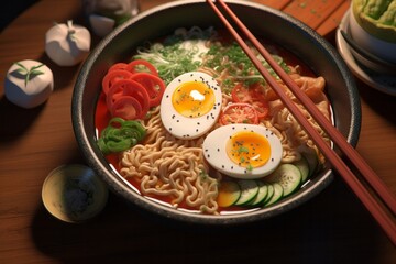 Japanese Ramen with noodles, boiled egg and vegetables, served in a bowl with chopsticks, served on a table.