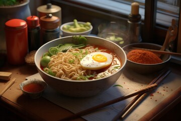 Japanese Ramen with noodles, boiled egg and vegetables, served in a bowl with chopsticks, served on a table.