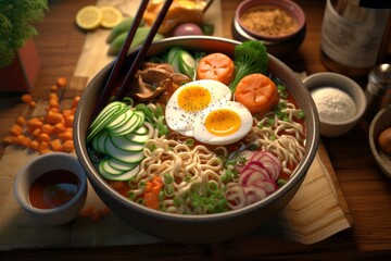 Japanese Ramen with noodles, boiled egg and vegetables, served in a bowl with chopsticks, served on a table.