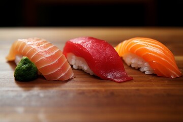 Selection of fresh sushi cuts. Placed on a serving board on a table. Generated Ai.