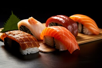Selection of fresh sushi cuts. Placed on a serving board on a table. Generated Ai.