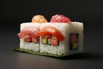 Selection of fresh decorative sushi cuts. Placed on a serving board on a table. Generated Ai