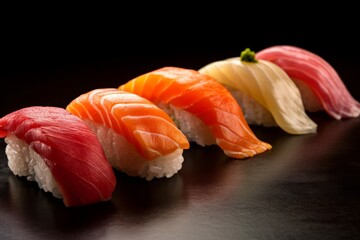 Selection of fresh sushi cuts. Placed on a serving board on a table. Generated Ai.