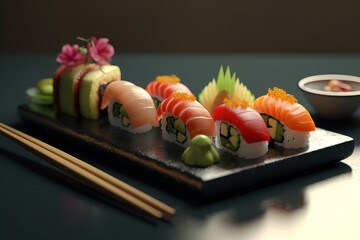 Selection of fresh sushi cuts. Placed on a serving board on a table. Generated Ai
