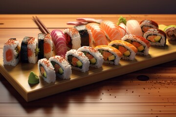 Selection of fresh sushi cuts. Placed on a serving board on a table. Generated Ai