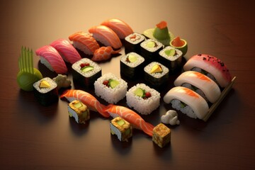 Selection of fresh sushi cuts. Placed on a serving board on a table. Generated Ai