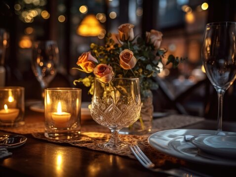 Romantic candlelit romantic dining table. Generative AI