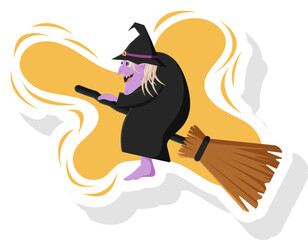 Witch Riding A Broom Sticker Vector Illustration