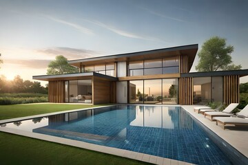 Fototapeta na wymiar an image of a contemporary house with clean lines, minimalist design, and seamless integration between indoor and outdoor living spaces