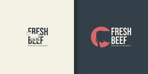 Beef, Cow logo. Fresh Beef trendy logo, emblem, poster with Cow Head. Vintage typography. Graphic emblem template for barbecue, steak house, restaurant, butcher shop and butcher shop - obrazy, fototapety, plakaty