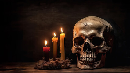halloween still life photography of creepy human skull and candles on rustic wooden plank, generative ai illustration
