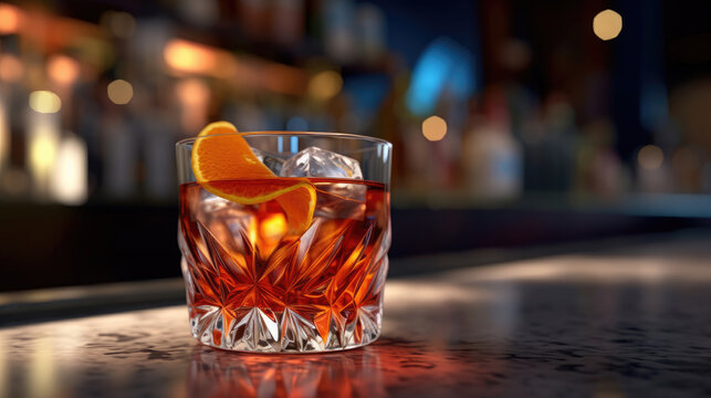 Negroni cocktail on the bar counter in an italian, Generative Ai