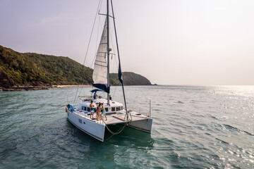 Aerial view of luxury private motor yacht on the ocean during summer. 