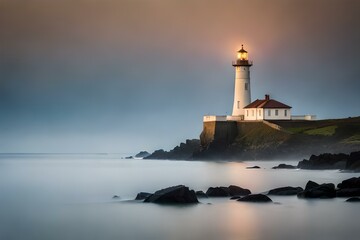 Fototapeta na wymiar a captivating image of a majestic lighthouse standing tall on a rugged coastline, its beacon shining brightly to guide ships safely through the night.