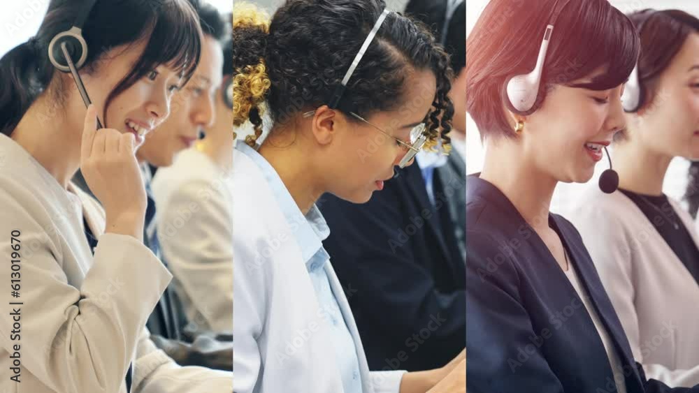 Poster collage movie of group of multinational operators working in call center. wipe transition from white